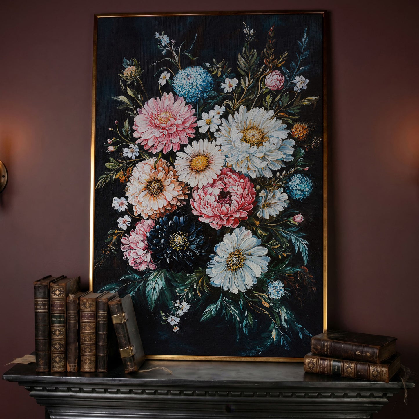 Vibrant Floral Bouquet Canvas, Dusty Rose & Midnight Blue in rose gold floating frame