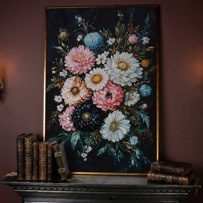 Vibrant Floral Bouquet Canvas, Dusty Rose & Midnight Blue in rose gold floating frame