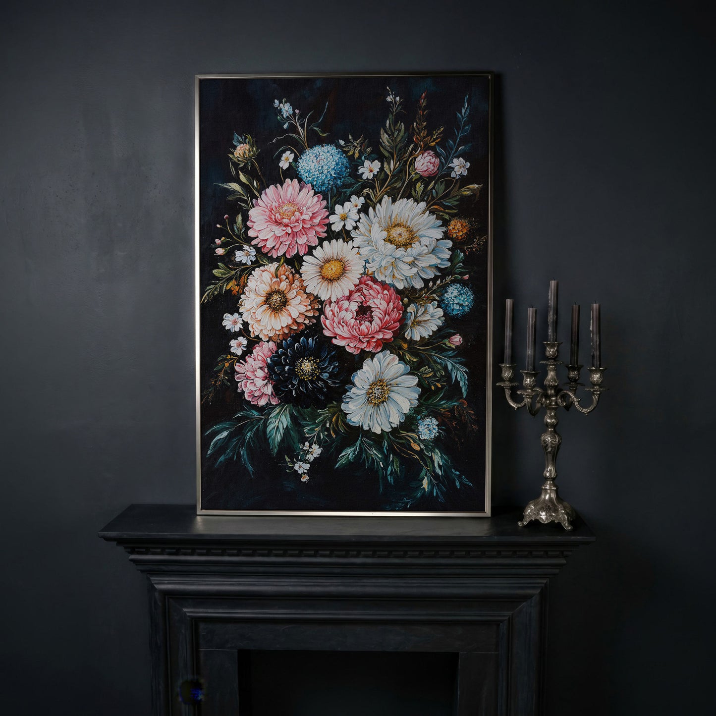 Vibrant Floral Bouquet Canvas, Dusty Rose & Midnight Blue in silver floating frame