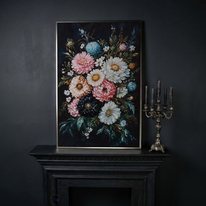 Vibrant Floral Bouquet Canvas, Dusty Rose & Midnight Blue in silver floating frame