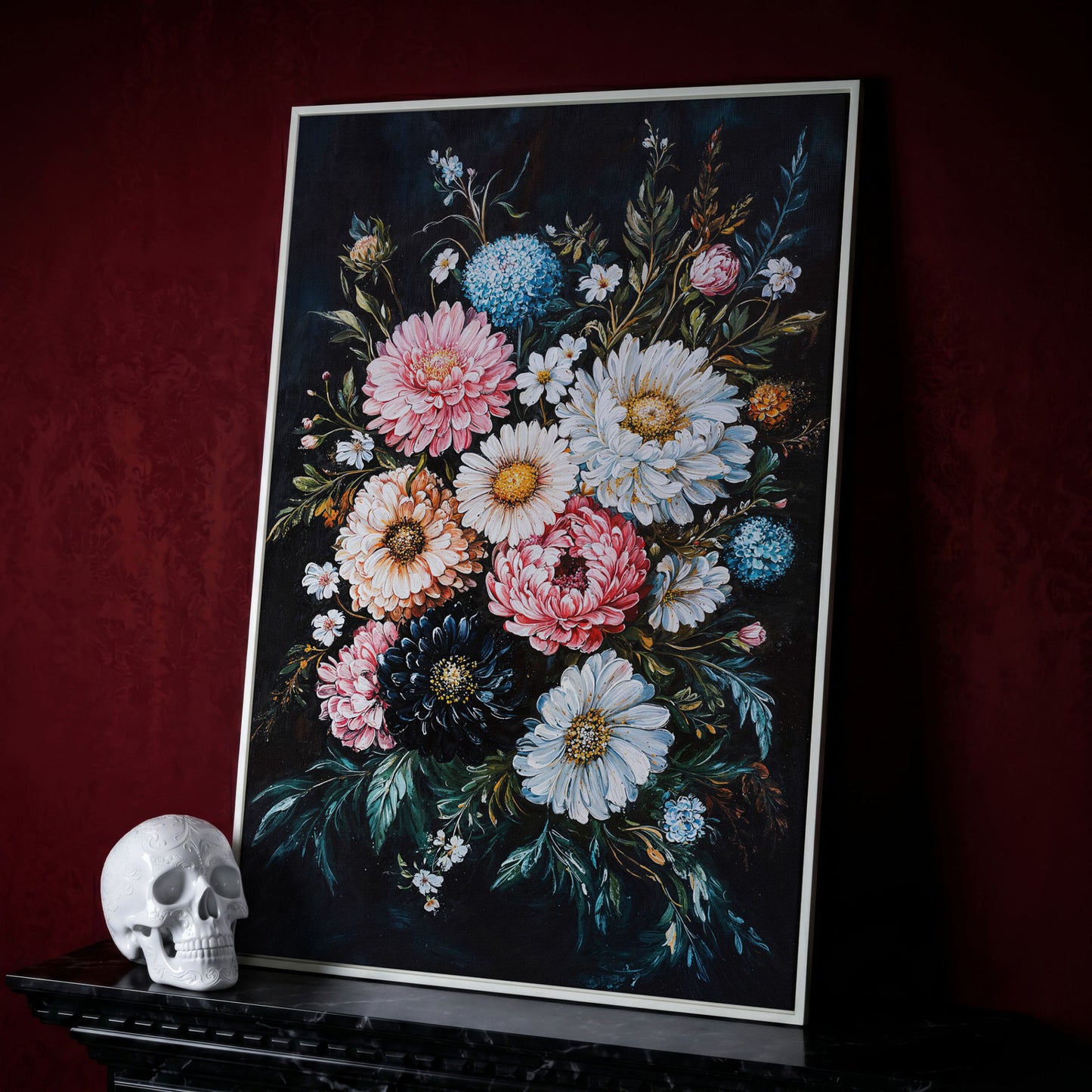 Vibrant Floral Bouquet Canvas, Dusty Rose & Midnight Blue in white floating frame