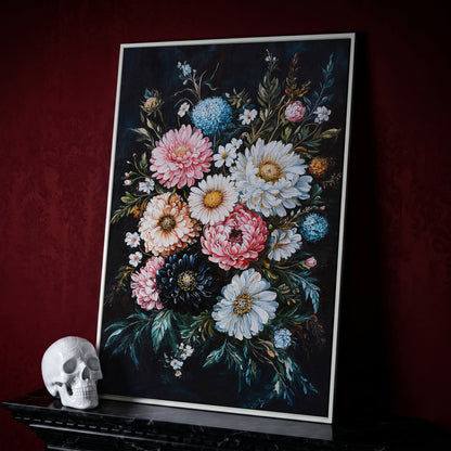 Vibrant Floral Bouquet Canvas, Dusty Rose & Midnight Blue in white floating frame