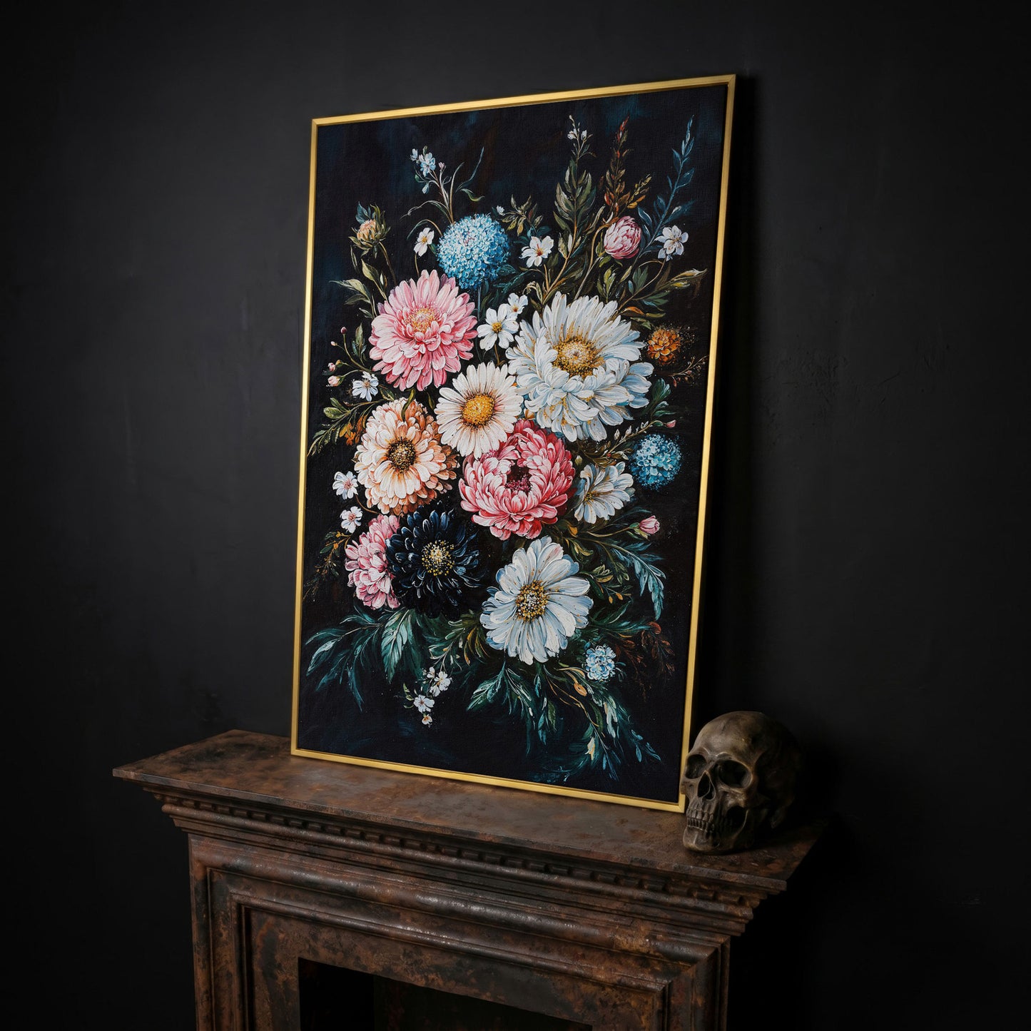 Vibrant Floral Bouquet Canvas, Dusty Rose & Midnight Blue in yellow gold floating frame