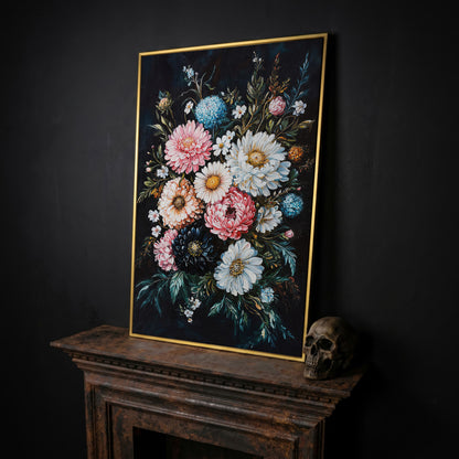 Vibrant Floral Bouquet Canvas, Dusty Rose & Midnight Blue in yellow gold floating frame