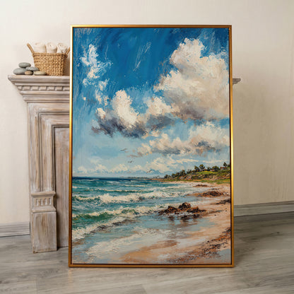 Beach Landscape with Ocean Waves and Sky Canvas in antique gold floating frame