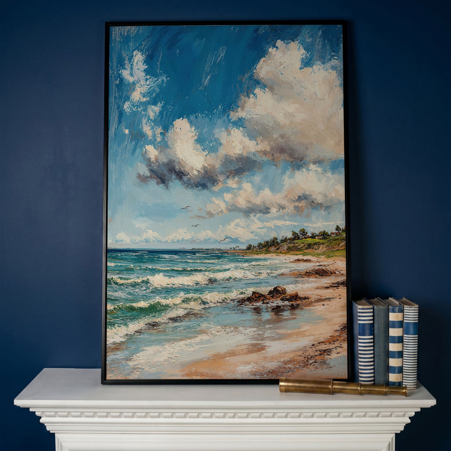 Beach Landscape with Ocean Waves and Sky Canvas in black floating frame