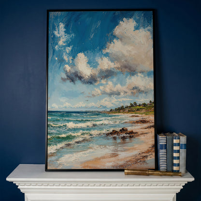 Beach Landscape with Ocean Waves and Sky Canvas in black floating frame