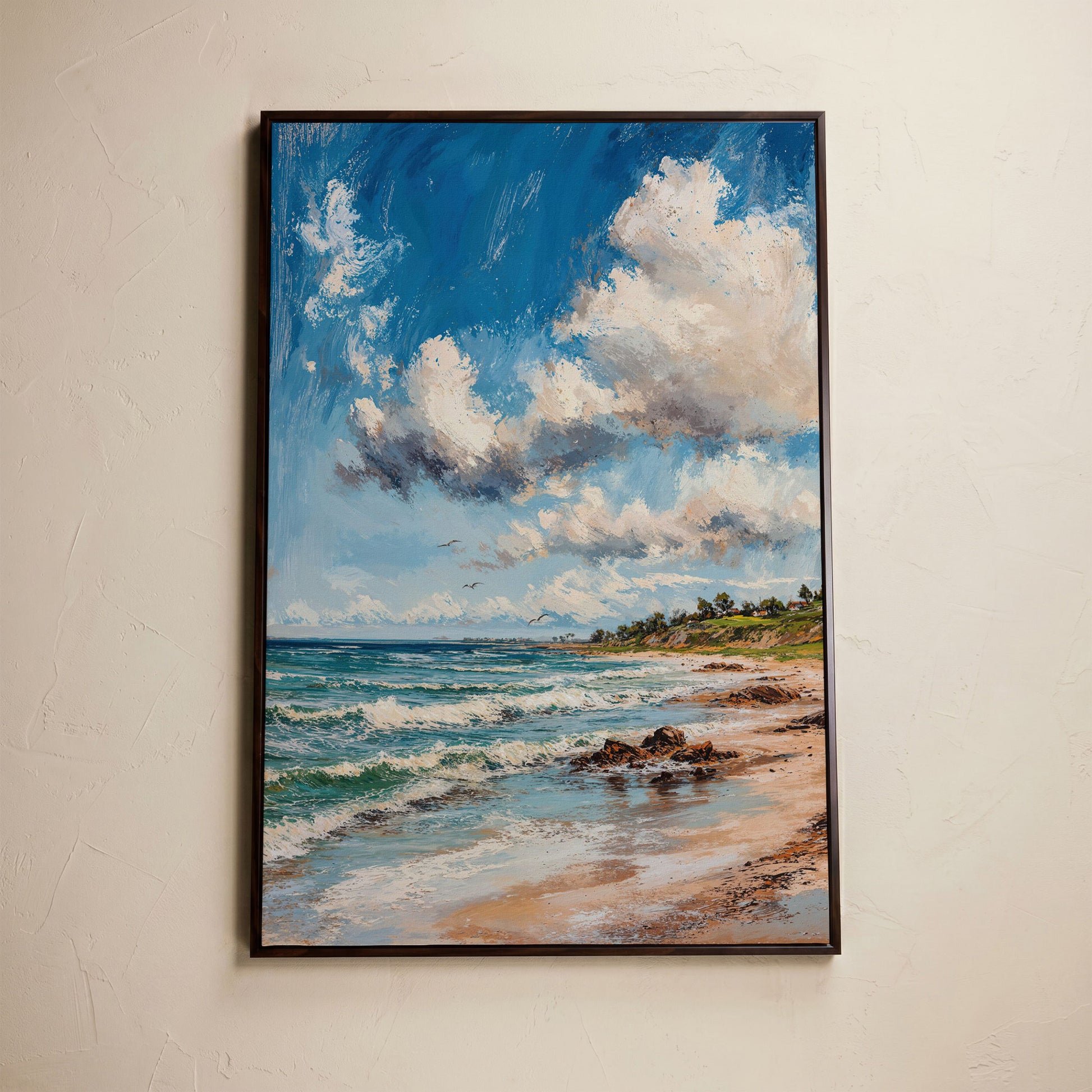 Beach Landscape with Ocean Waves and Sky Canvas in dark walnut floating frame