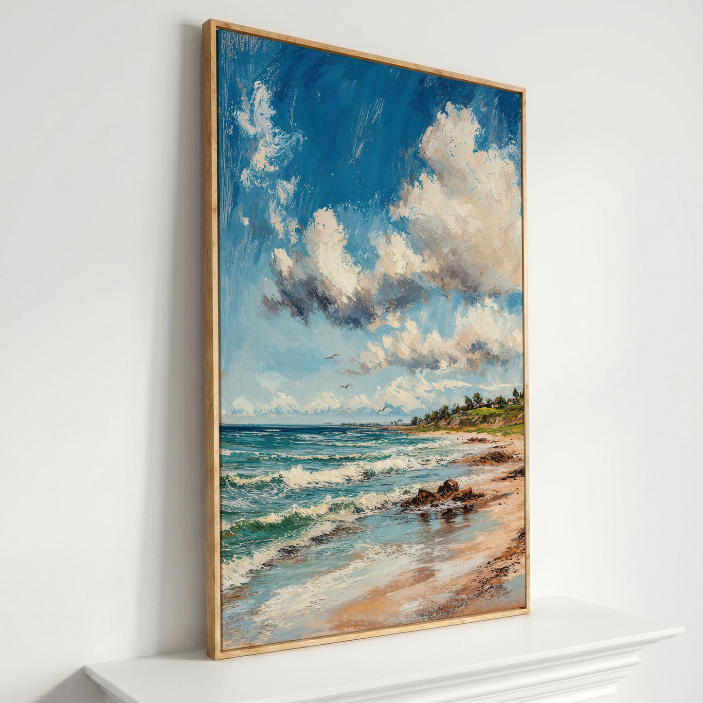 Beach Landscape with Ocean Waves and Sky Canvas in white oak floating frame