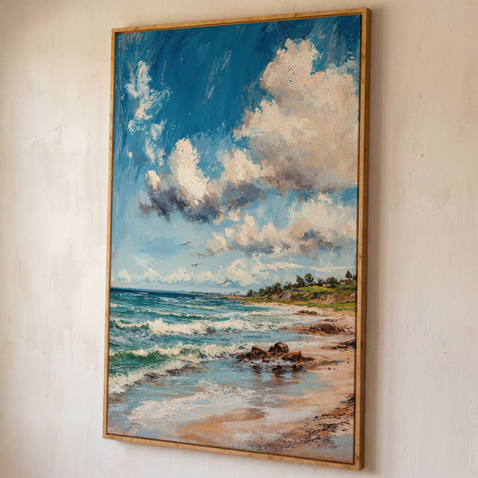 Beach Landscape with Ocean Waves and Sky Canvas shown in white oak floating frame