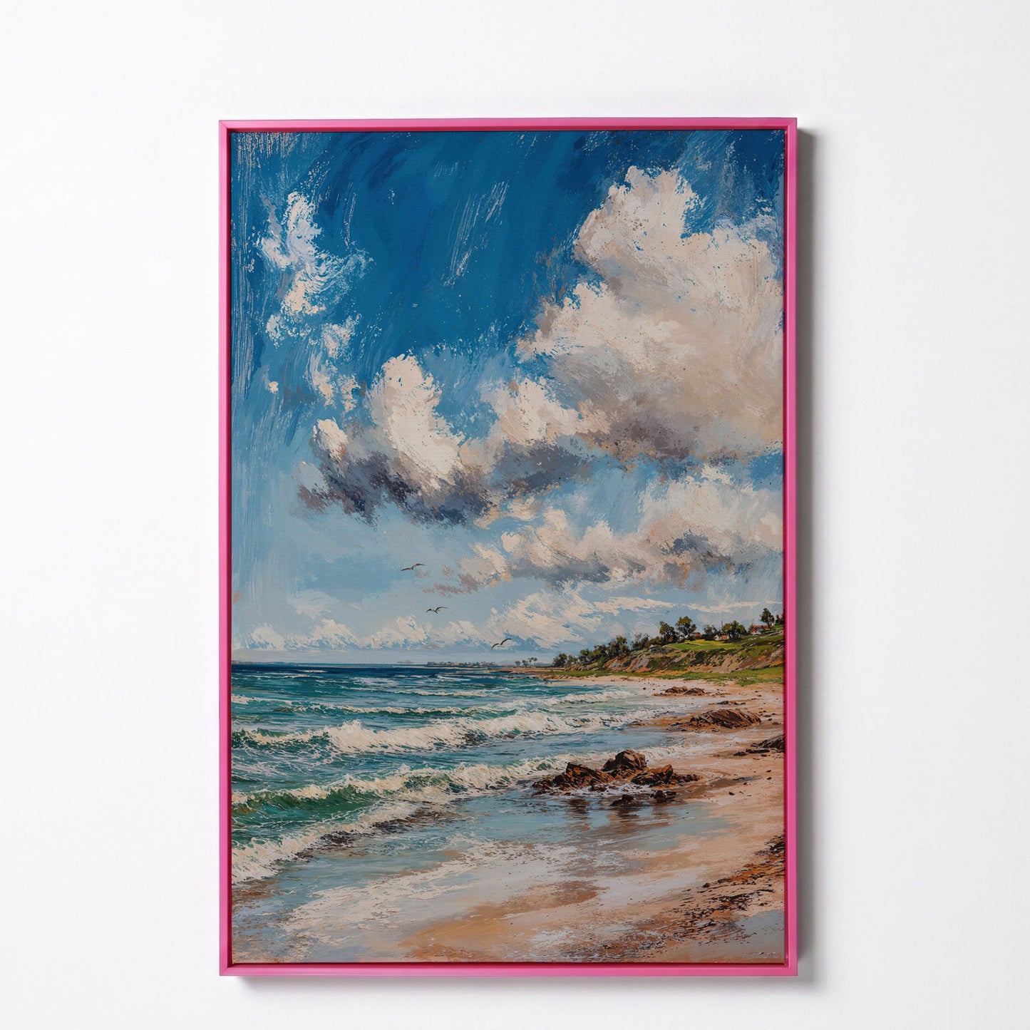 Beach Landscape with Ocean Waves and Sky Canvas in pink floating frame