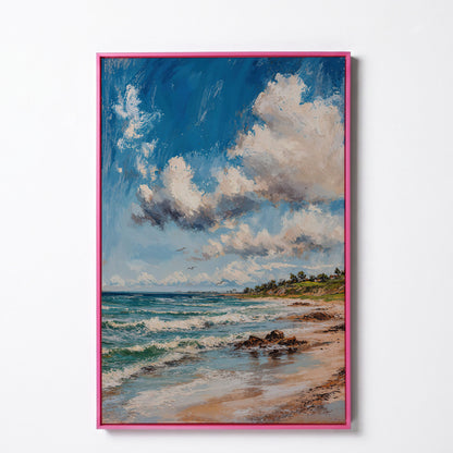 Beach Landscape with Ocean Waves and Sky Canvas in pink floating frame