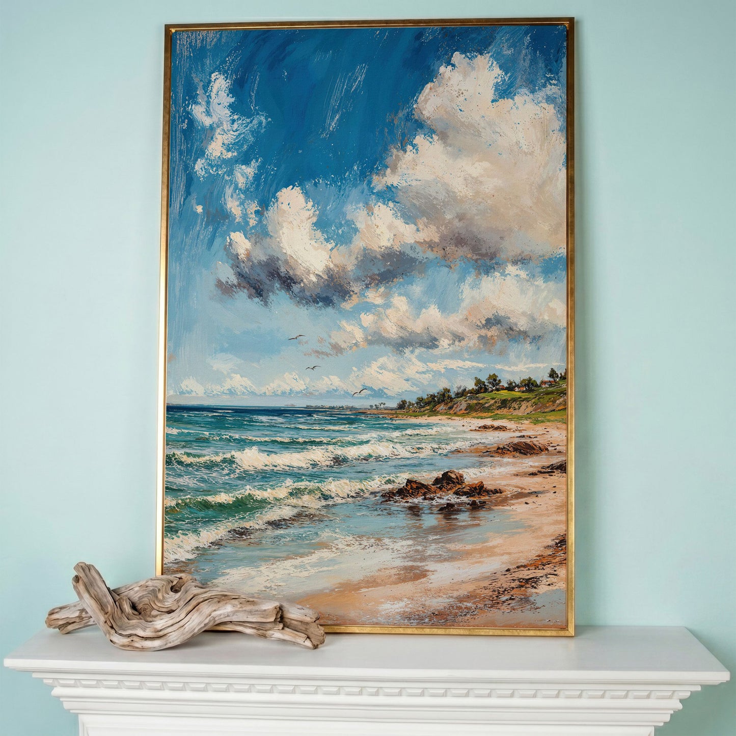 Beach Landscape with Ocean Waves and Sky Canvas in rose gold floating frame
