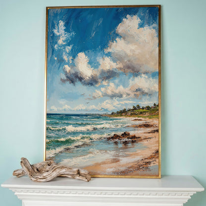 Beach Landscape with Ocean Waves and Sky Canvas in rose gold floating frame
