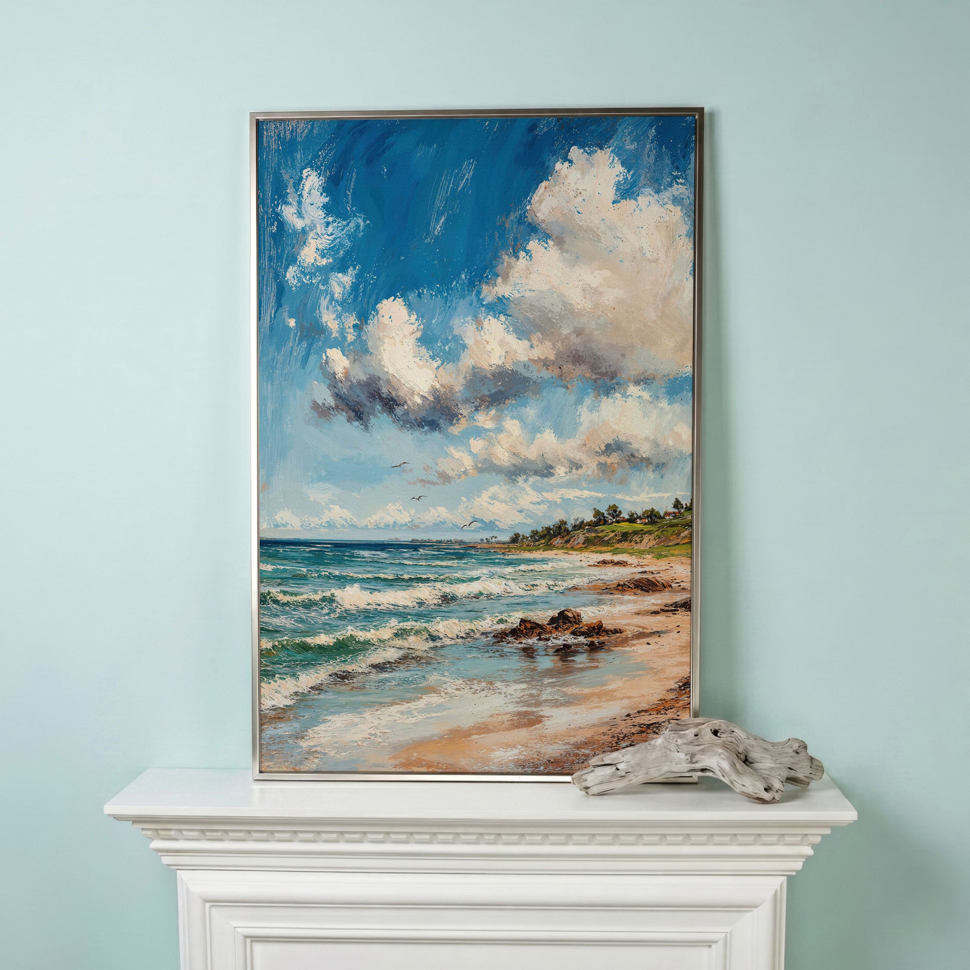 Beach Landscape with Ocean Waves and Sky Canvas in silver floating frame