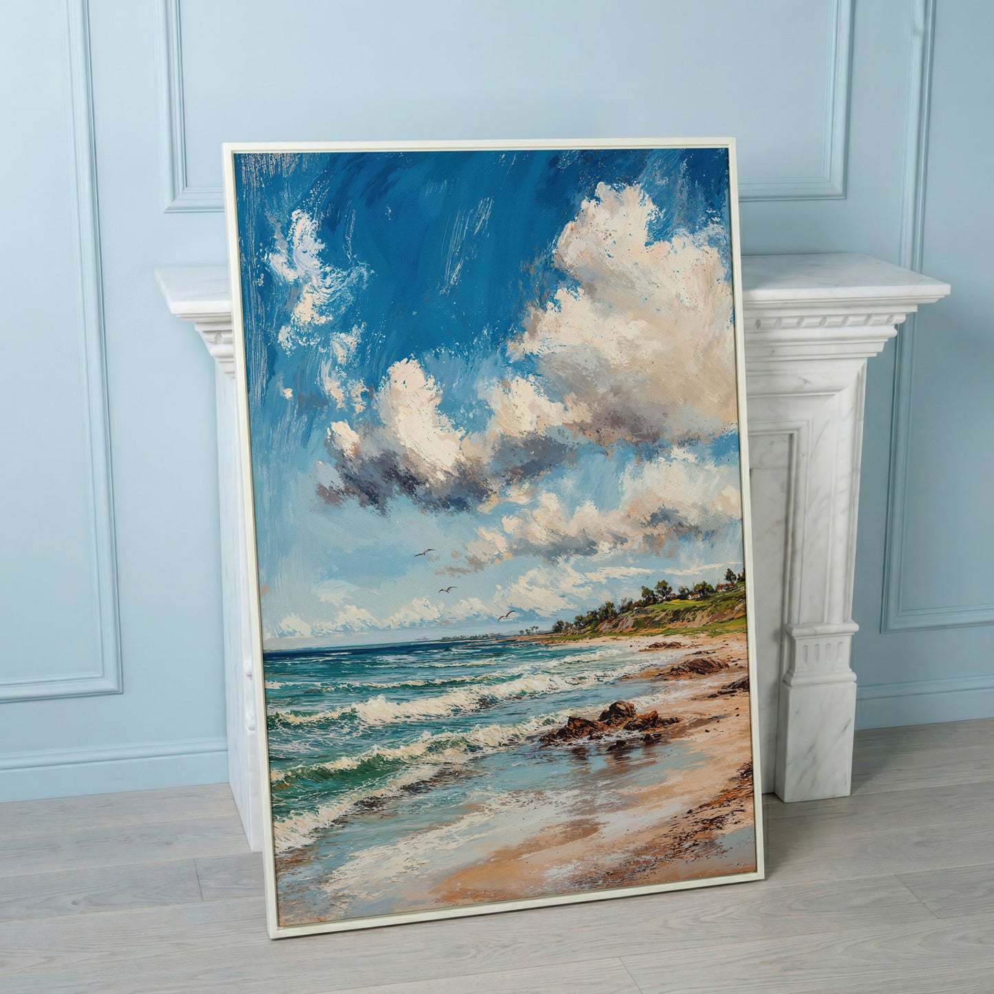 Beach Landscape with Ocean Waves and Sky Canvas in white floating frame