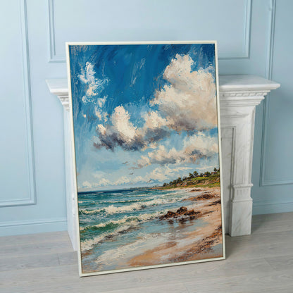 Beach Landscape with Ocean Waves and Sky Canvas in white floating frame