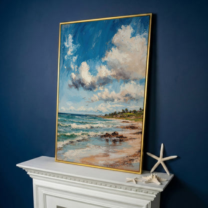 Beach Landscape with Ocean Waves and Sky Canvas in yellow gold floating frame