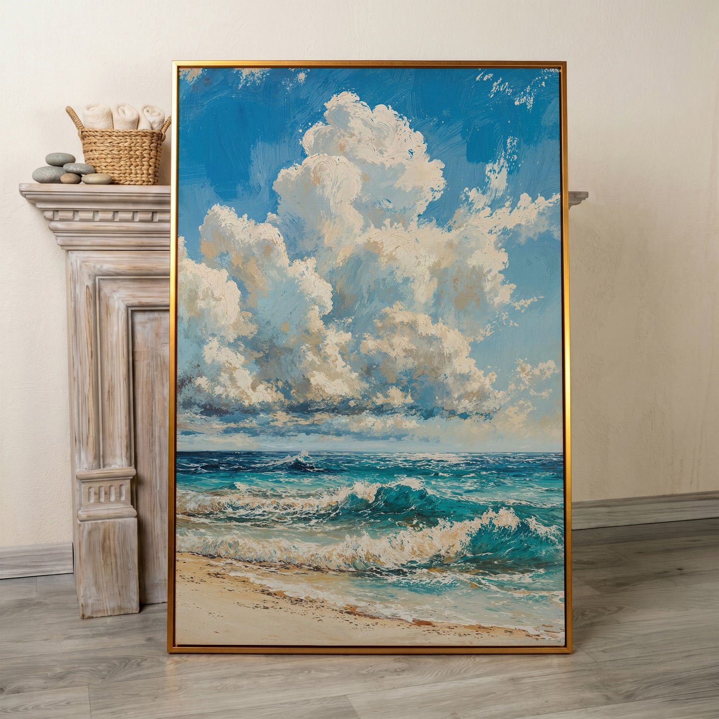 Seaside Waves Canvas Print, Coastal Art in Teal and Beige in antique gold floating frame