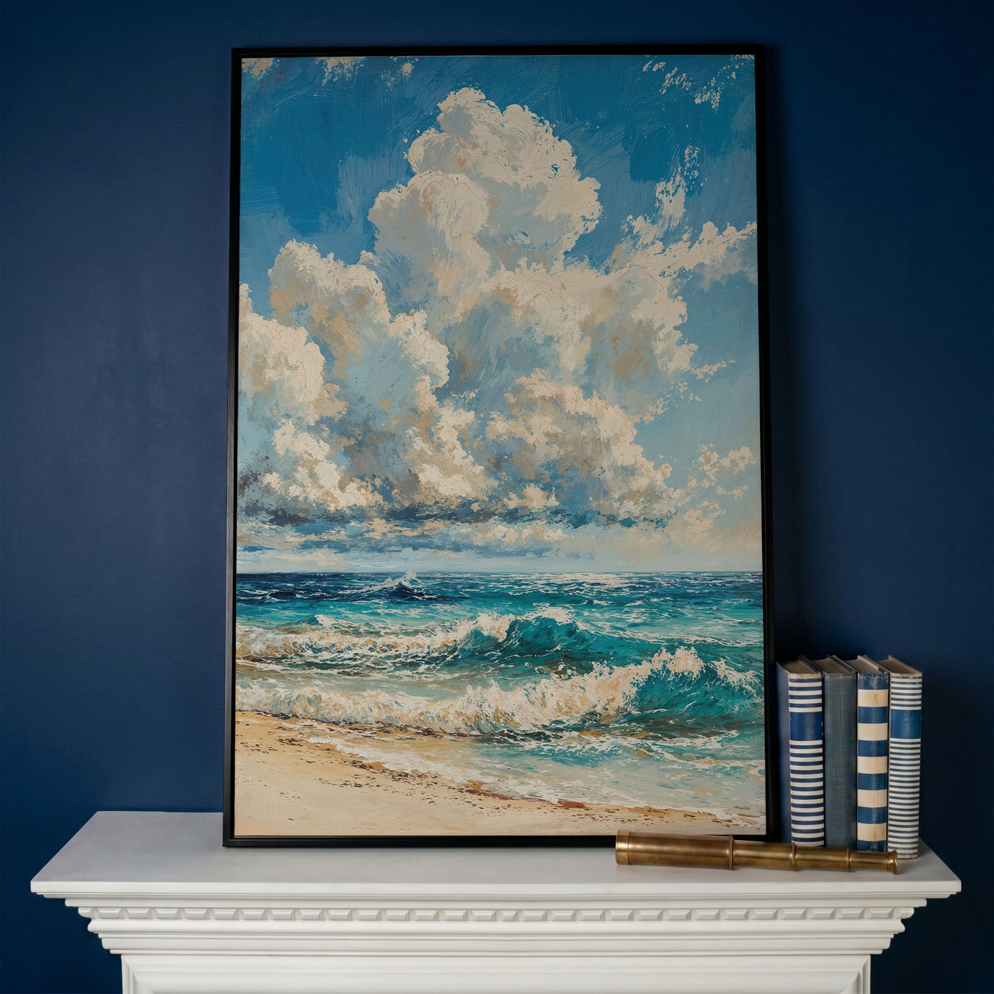 Seaside Waves Canvas Print, Coastal Art in Teal and Beige in black floating frame