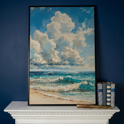 Seaside Waves Canvas Print, Coastal Art in Teal and Beige in black floating frame