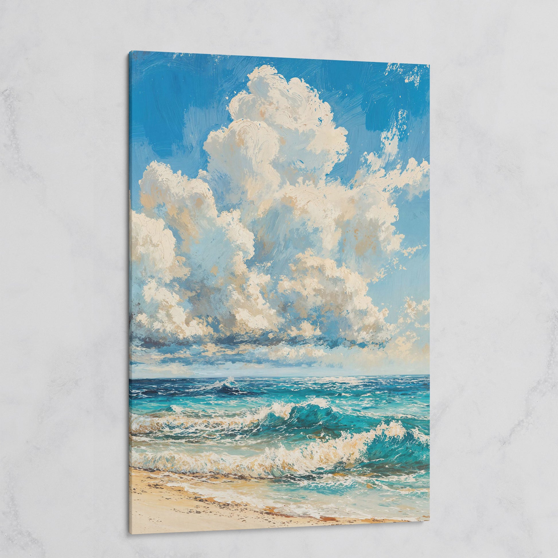 Seaside Waves Canvas Print, Coastal Art in Teal and Beige on gallery wrap