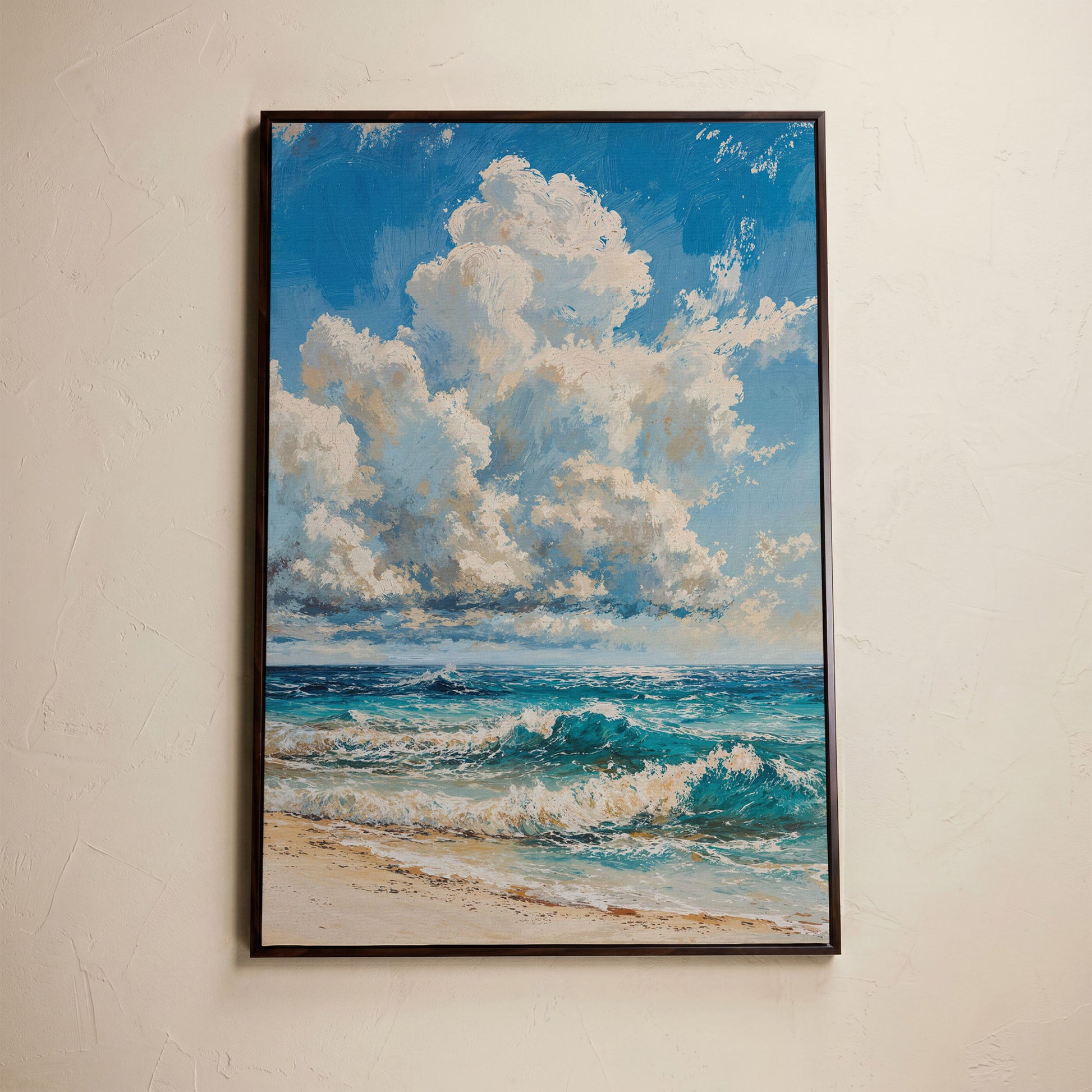 Seaside Waves Canvas Print, Coastal Art in Teal and Beige in dark walnut floating frame