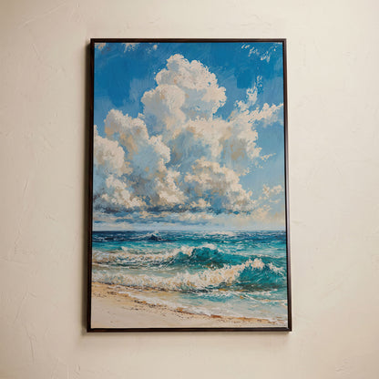 Seaside Waves Canvas Print, Coastal Art in Teal and Beige in dark walnut floating frame