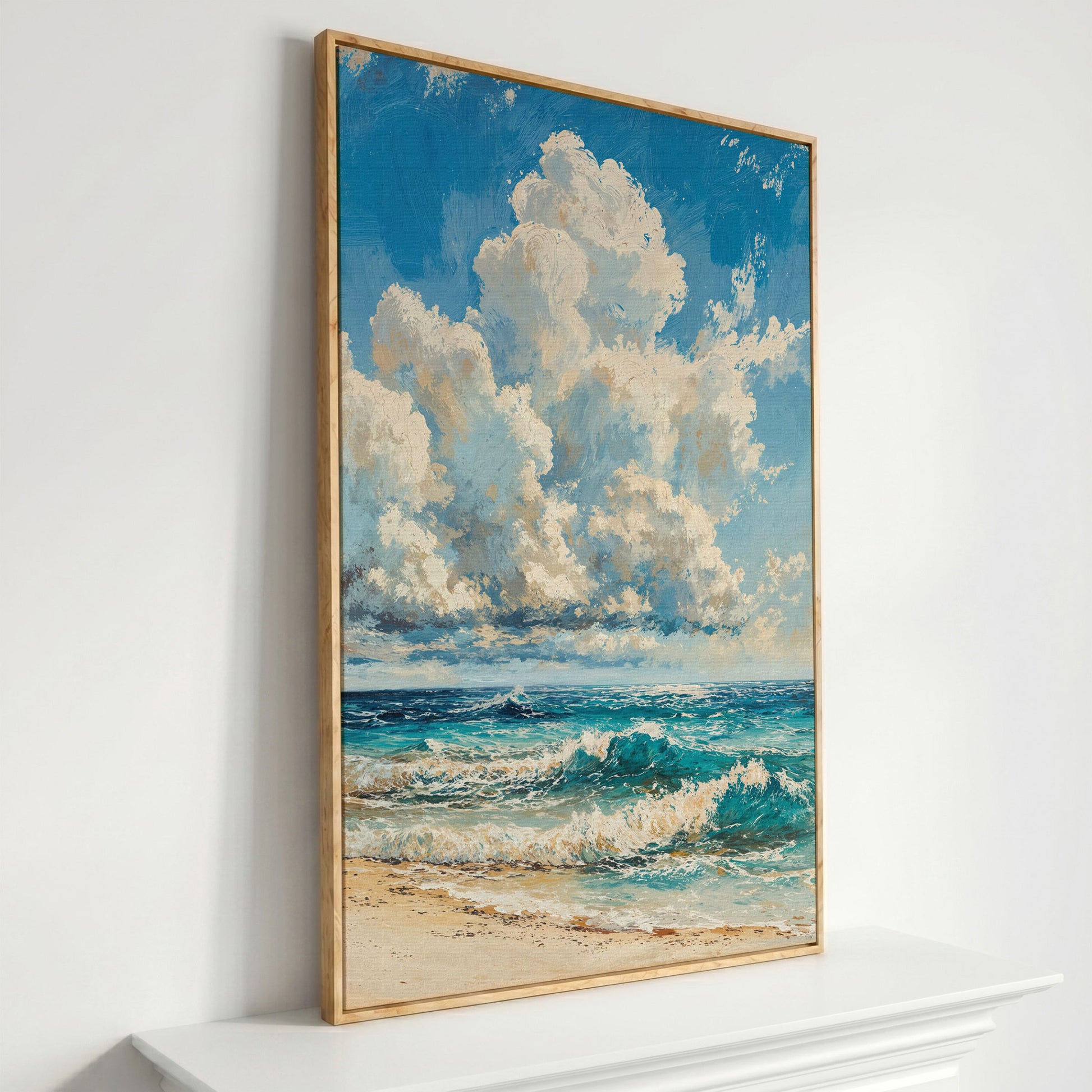 Seaside Waves Canvas Print, Coastal Art in Teal and Beige in white oak floating frame