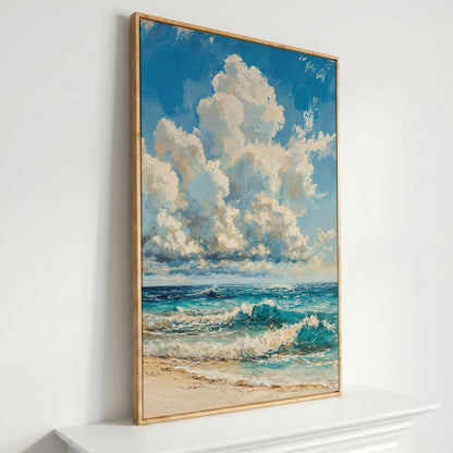 Seaside Waves Canvas Print, Coastal Art in Teal and Beige in white oak floating frame