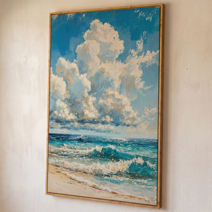 Seaside Waves Canvas Print, Coastal Art in Teal and Beige shown in white oak floating frame