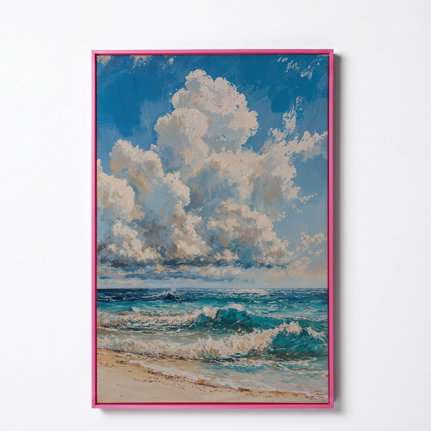Seaside Waves Canvas Print, Coastal Art in Teal and Beige in pink floating frame