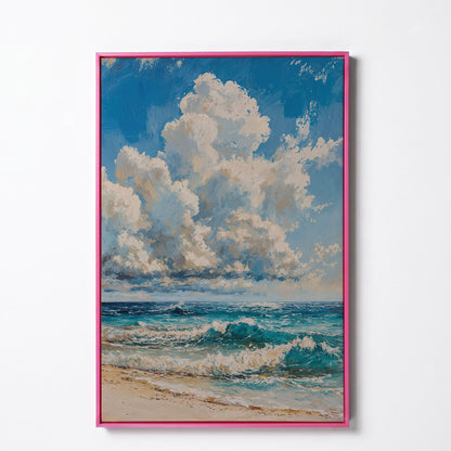 Seaside Waves Canvas Print, Coastal Art in Teal and Beige in pink floating frame