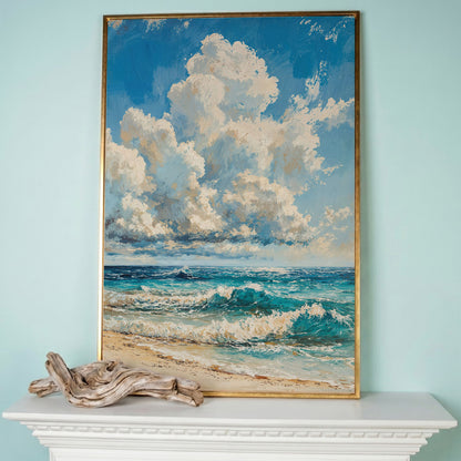 Seaside Waves Canvas Print, Coastal Art in Teal and Beige in rose gold floating frame