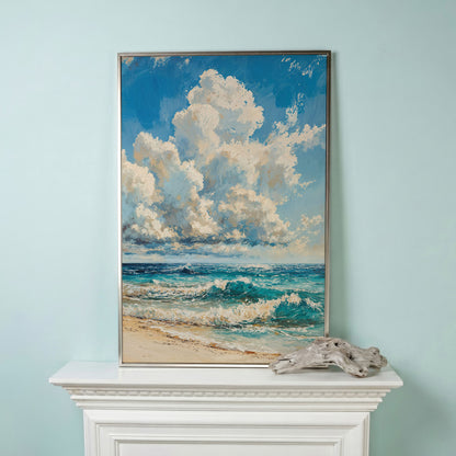 Seaside Waves Canvas Print, Coastal Art in Teal and Beige in silver floating frame