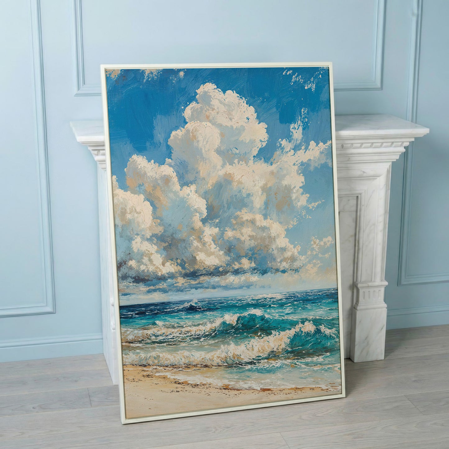 Seaside Waves Canvas Print, Coastal Art in Teal and Beige in white floating frame