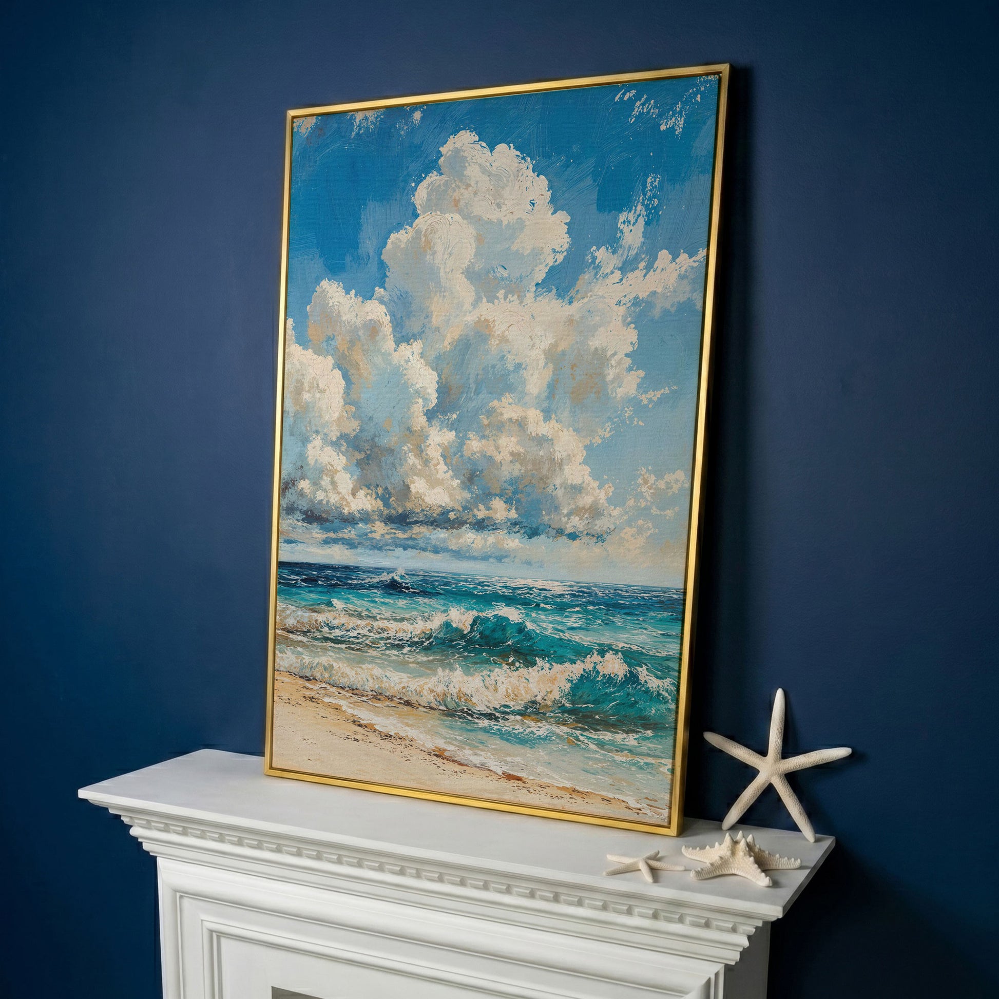 Seaside Waves Canvas Print, Coastal Art in Teal and Beige in yellow gold floating frame