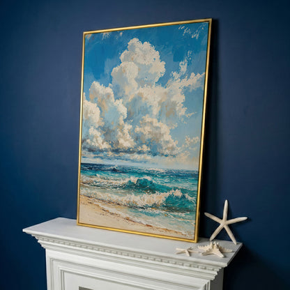 Seaside Waves Canvas Print, Coastal Art in Teal and Beige in yellow gold floating frame
