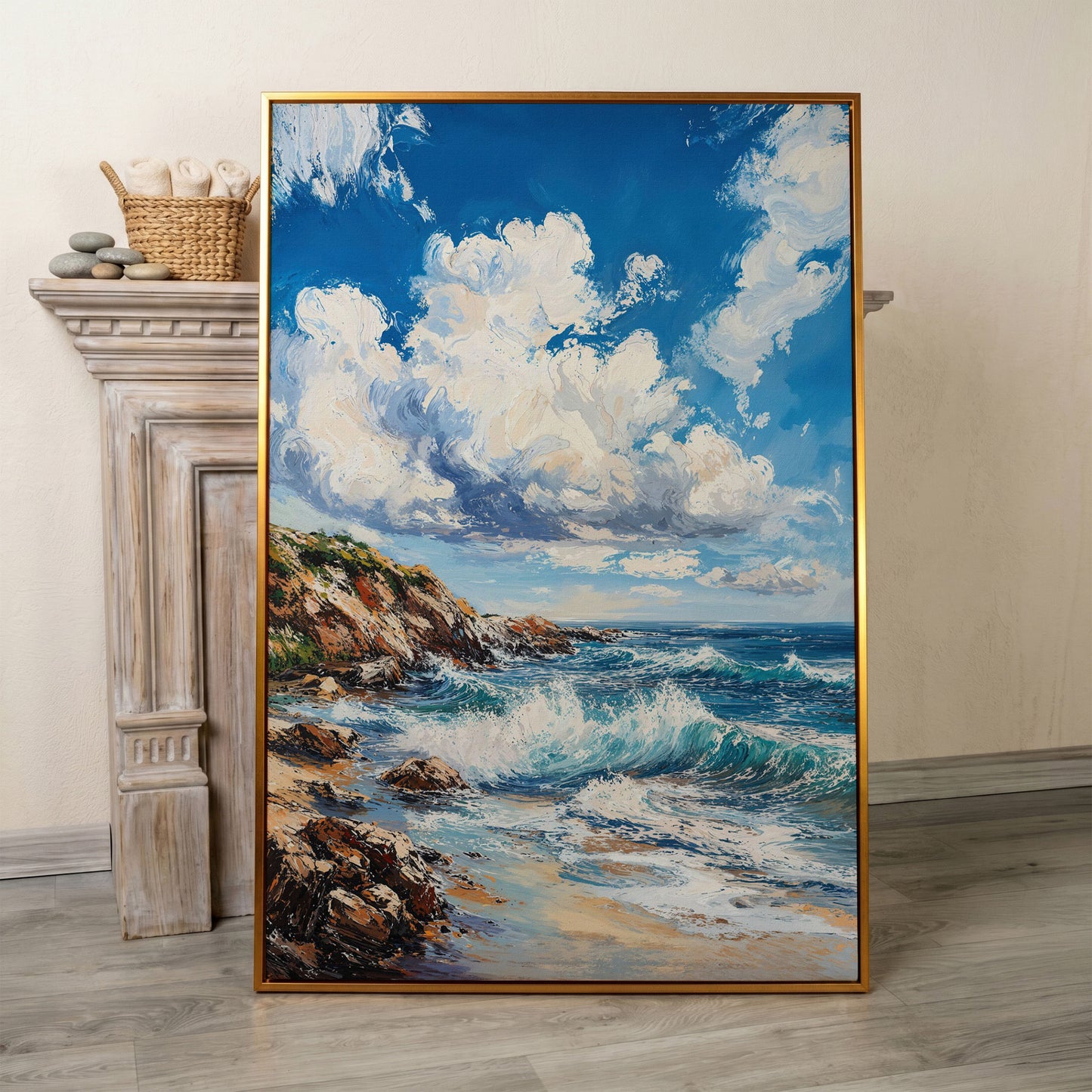 Cloudy Sky and Blue Waves Beach Canvas in antique gold floating frame