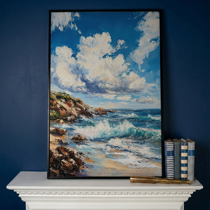 Cloudy Sky and Blue Waves Beach Canvas in black floating frame