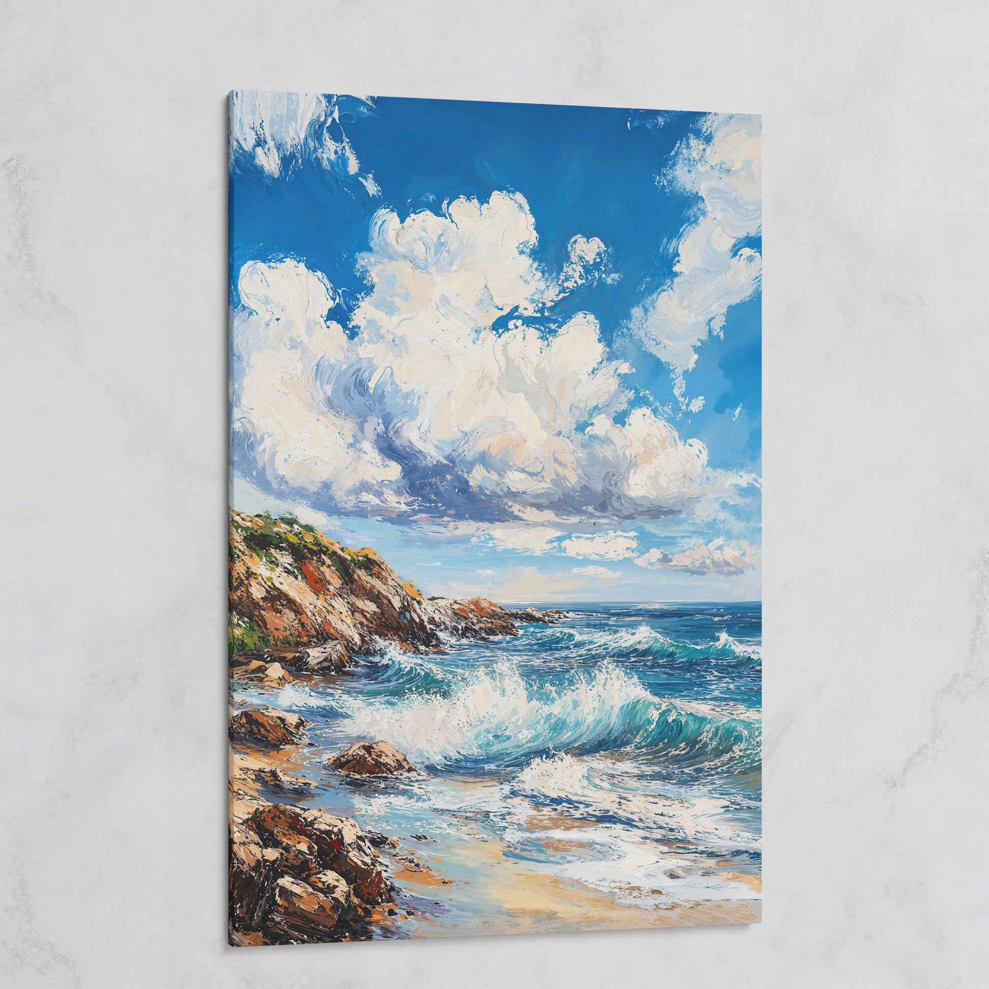 Cloudy Sky and Blue Waves Beach Canvas on gallery wrap