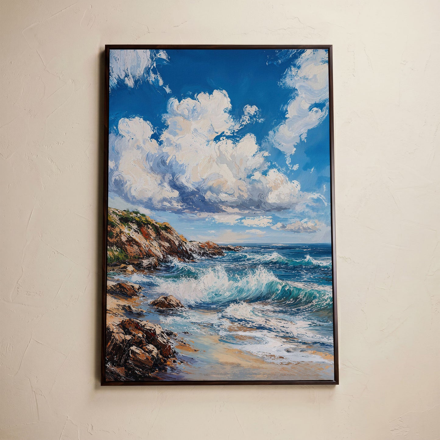 Cloudy Sky and Blue Waves Beach Canvas in dark walnut floating frame