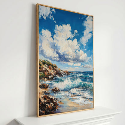 Cloudy Sky and Blue Waves Beach Canvas in white oak floating frame