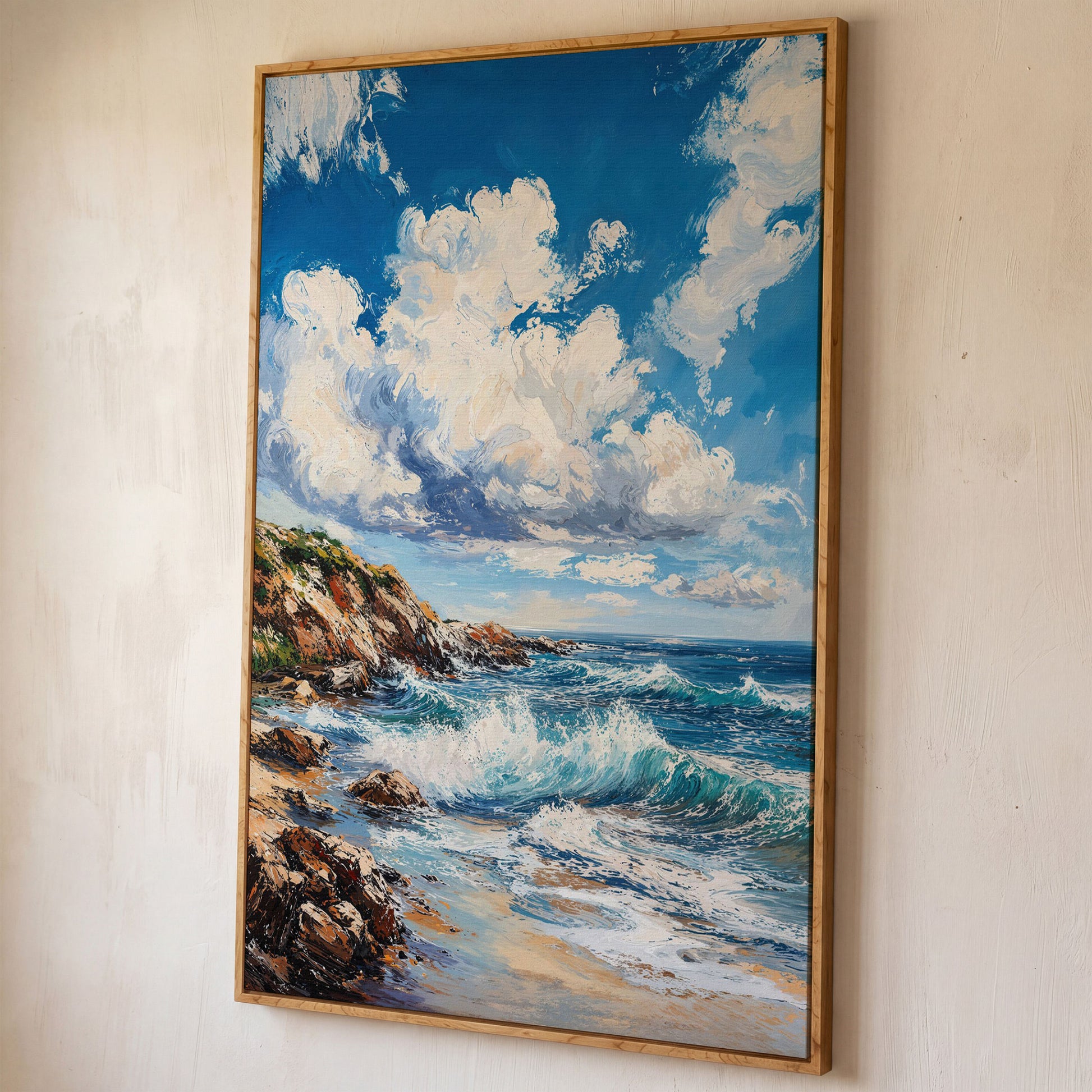 Cloudy Sky and Blue Waves Beach Canvas shown in white oak floating frame