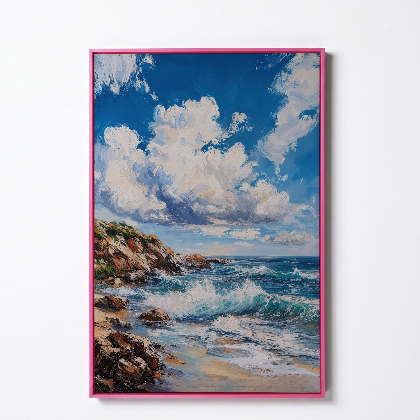 Cloudy Sky and Blue Waves Beach Canvas in pink floating frame