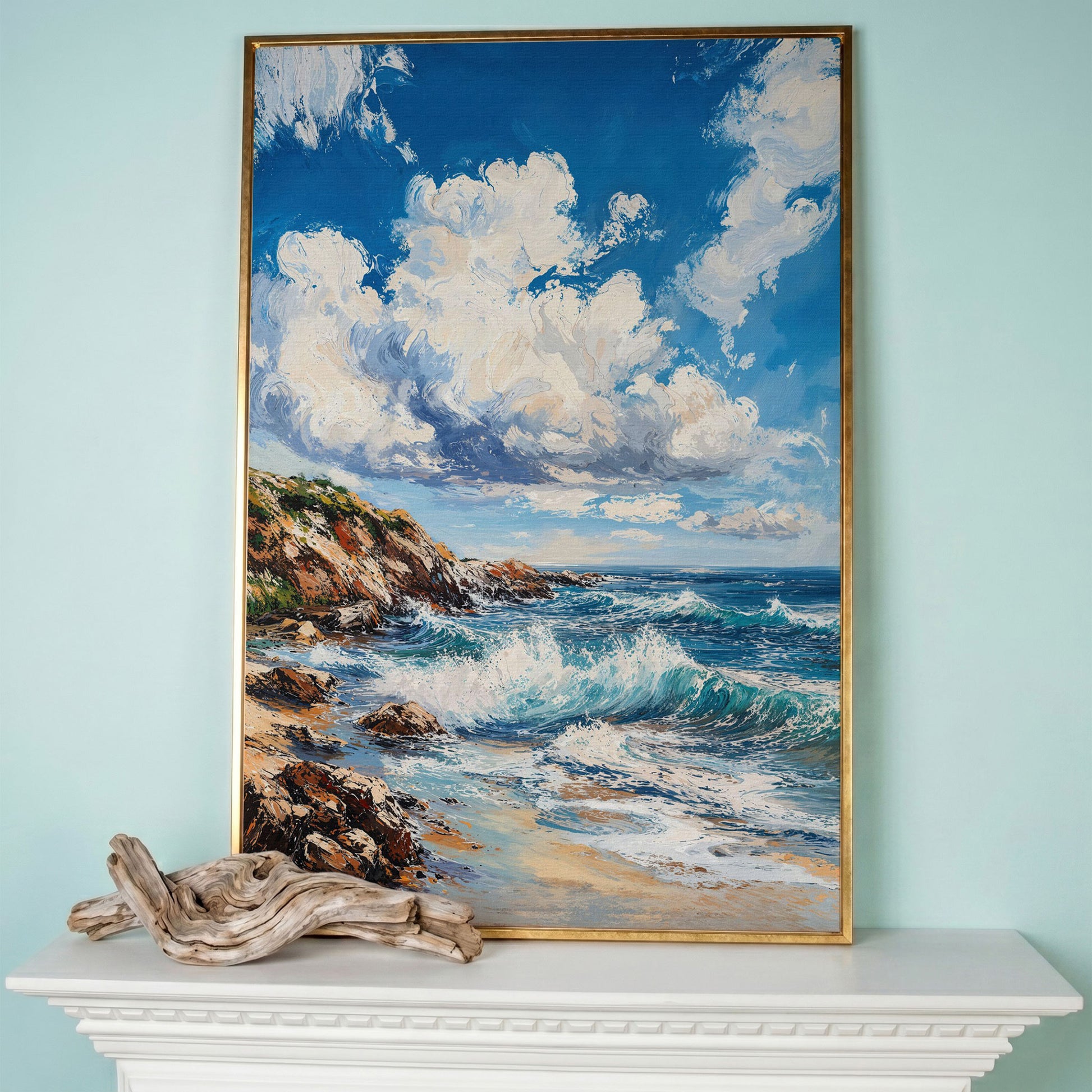 Cloudy Sky and Blue Waves Beach Canvas in rose gold floating frame