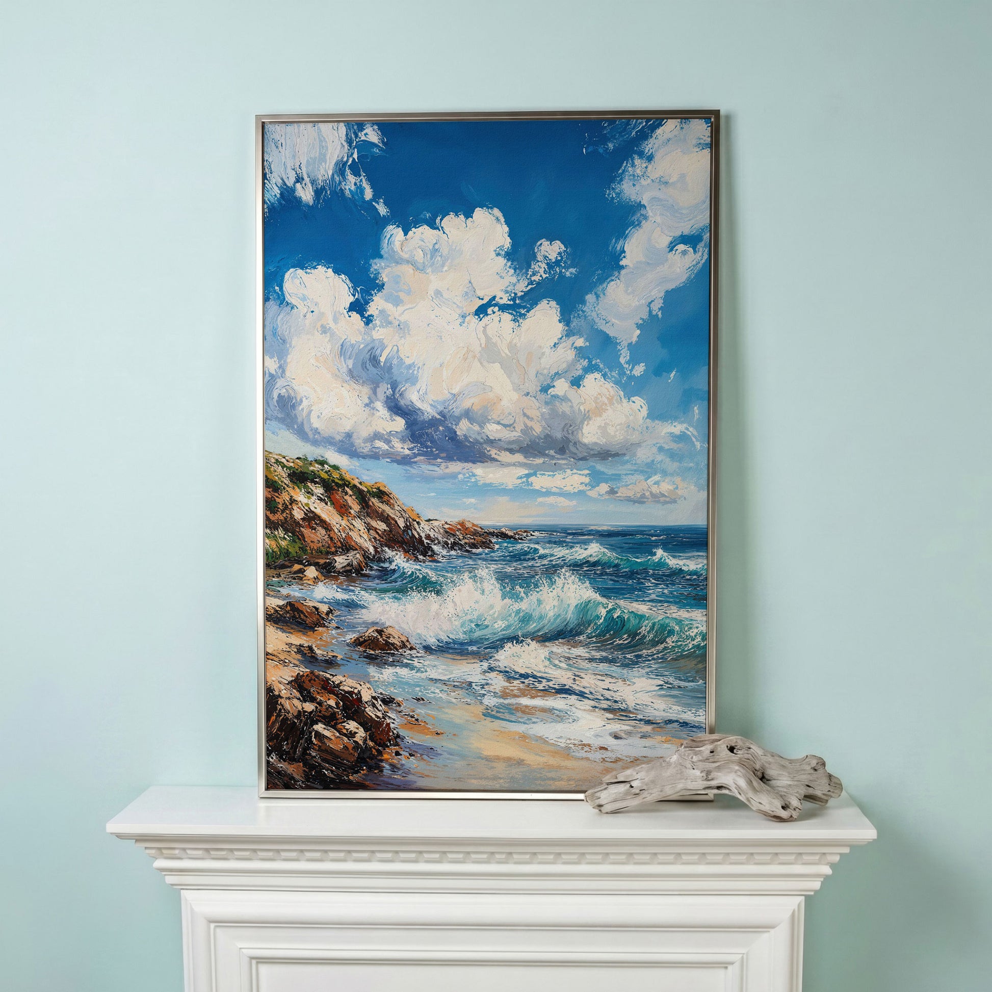 Cloudy Sky and Blue Waves Beach Canvas in silver floating frame