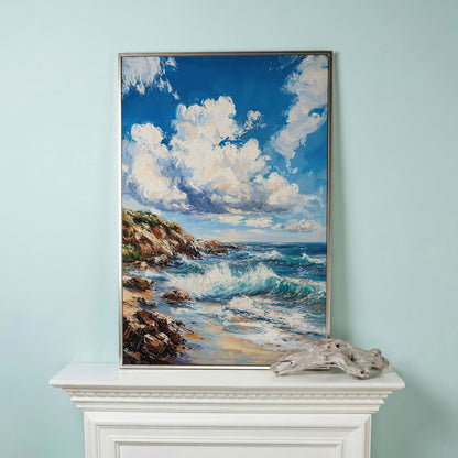 Cloudy Sky and Blue Waves Beach Canvas in silver floating frame