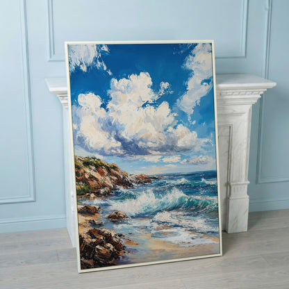 Cloudy Sky and Blue Waves Beach Canvas in white floating frame