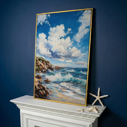 Cloudy Sky and Blue Waves Beach Canvas in yellow gold floating frame